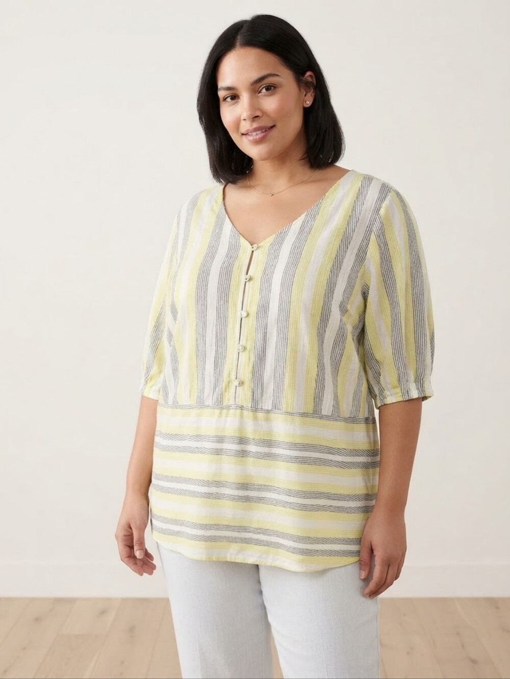 Lane Bryant Yellow and Gray Striped V-Neck Button Front Tunic
